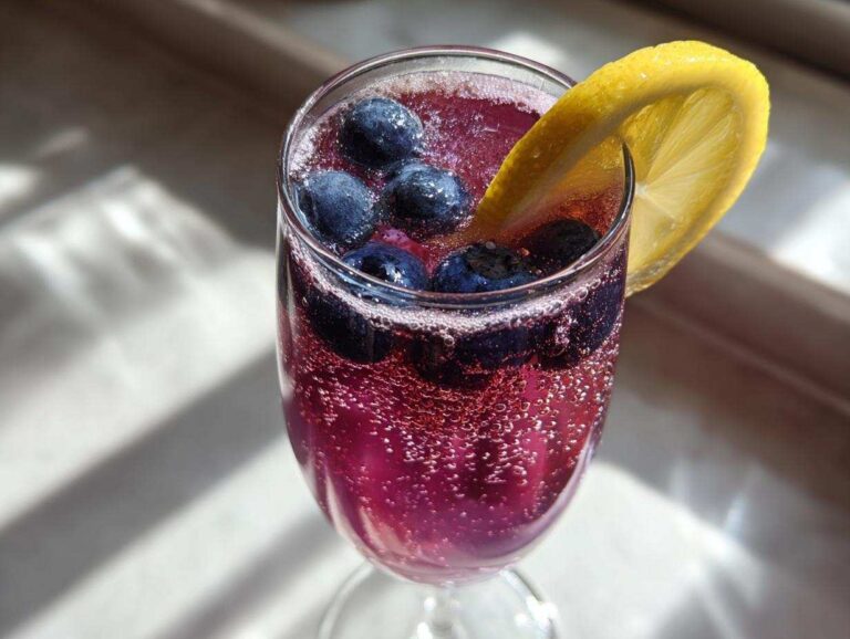 A vibrant Blueberry Lemosas Brunch Cocktail, bubbly and purple, garnished with fresh blueberries and a lemon slice.