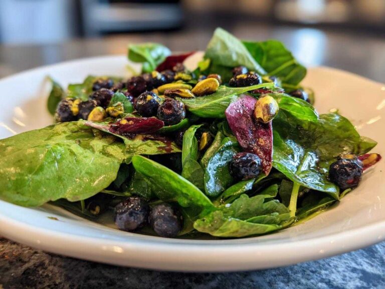 Close-up of a fresh Blueberry Pistachio Spring Salad featuring spinach, blueberries, and bright green pistachios on a white plate.