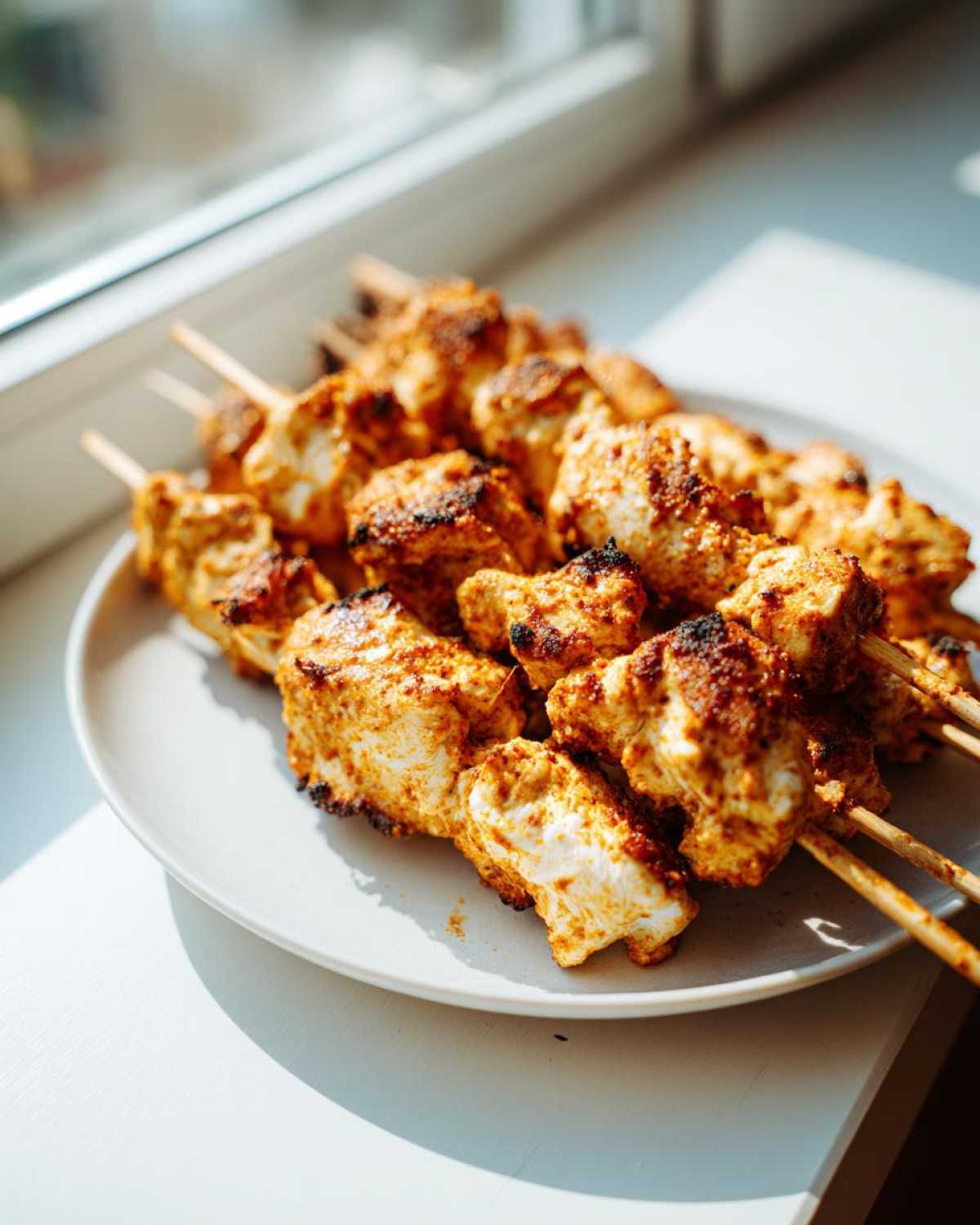 Close-up of several grilled, spice-rubbed chicken skewers, one of the 5 bold Lee Cronin's The Mummy skewers.
