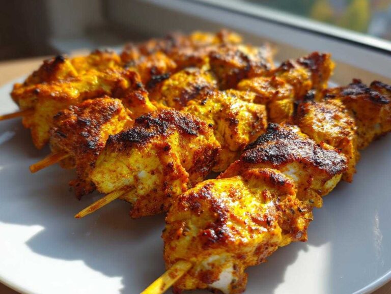 Close-up of several golden, charred skewers of marinated chicken, referencing Lee Cronin's The Mummy recipe concept.
