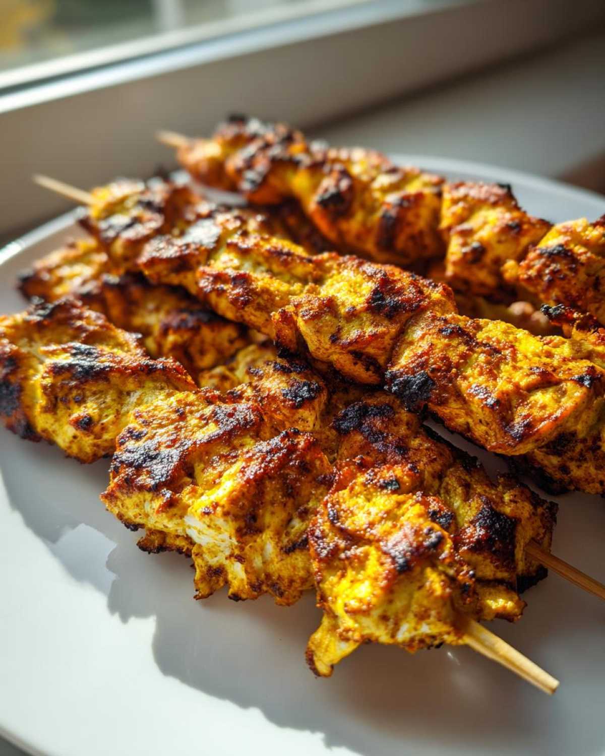 Close-up of grilled, golden-yellow marinated chicken skewers, referencing Lee Cronin's The Mummy.