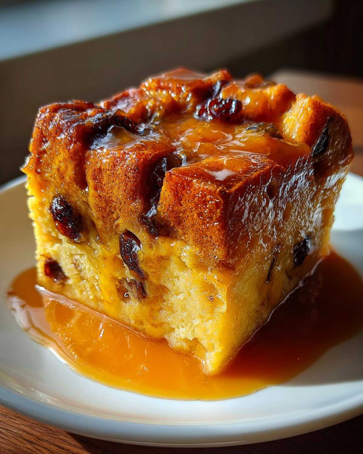 A close-up of a square serving of rich bread pudding with bourbon sauce and raisins.