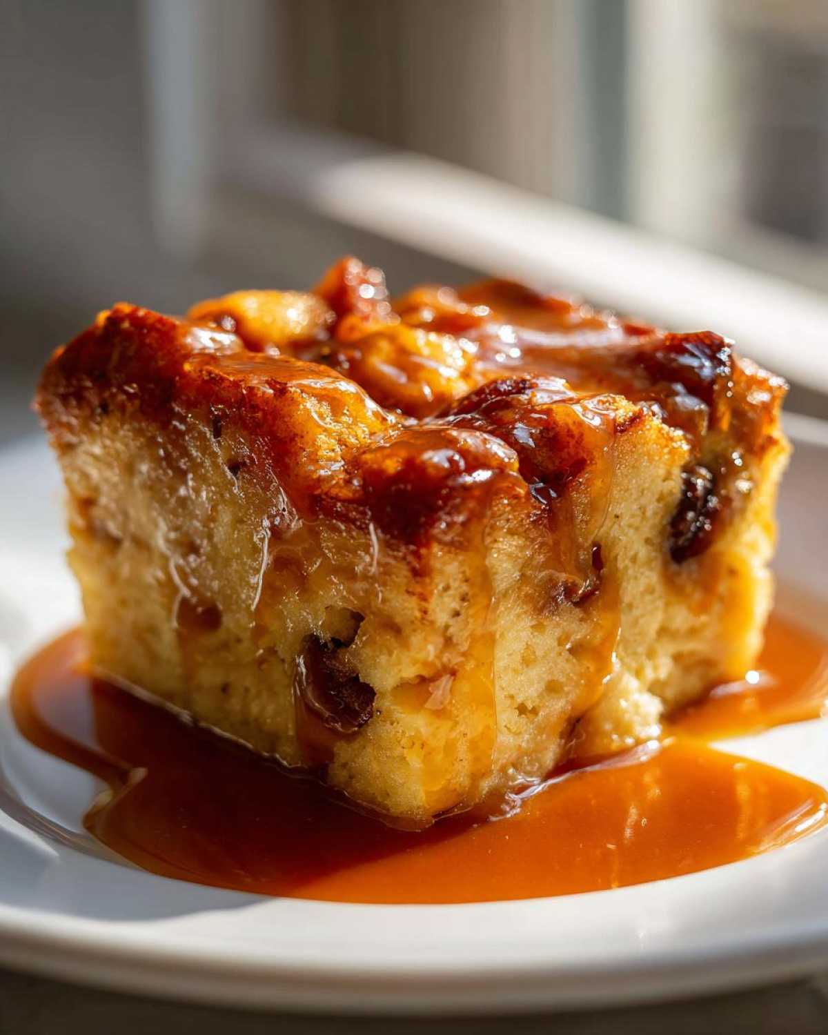 A decadent square of bread pudding with bourbon sauce generously drizzled over the top and pooled on the white plate.