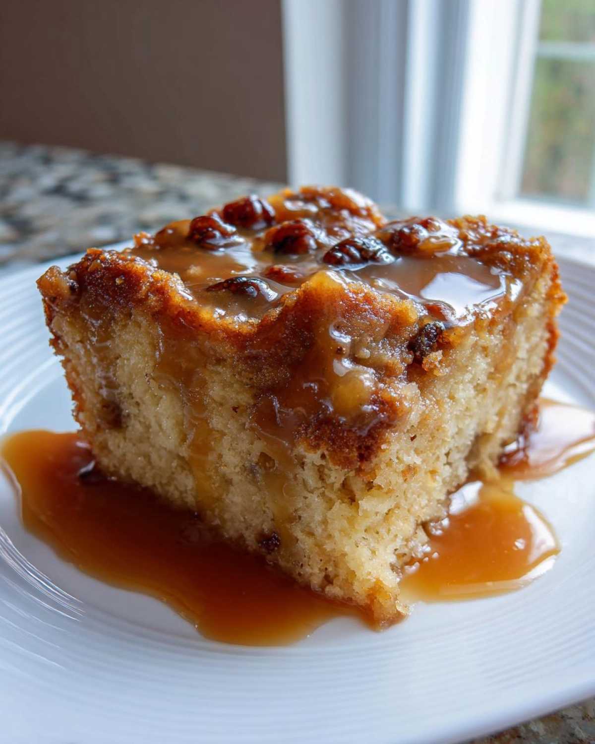 A close-up of a square slice of bread pudding with bourbon sauce drizzled over raisins on top.