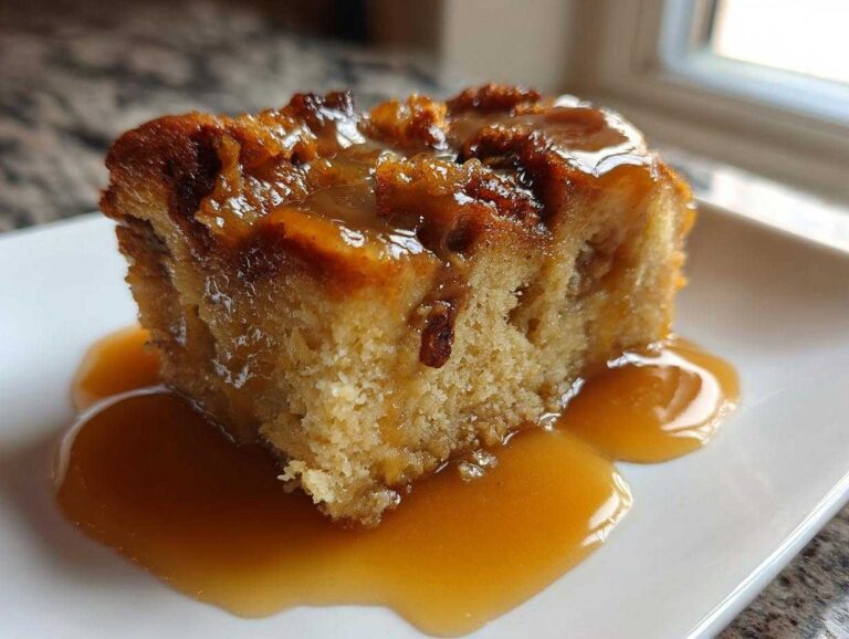 A square slice of moist bread pudding with bourbon sauce generously drizzled over the top and pooled on the white plate.