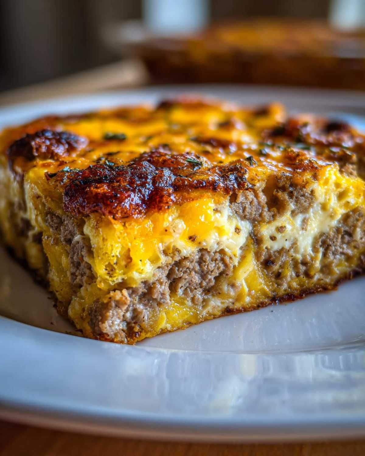 Close-up of a thick slice of breakfast casserole with cream of mushroom, showing layers of sausage, egg, and browned cheese topping.