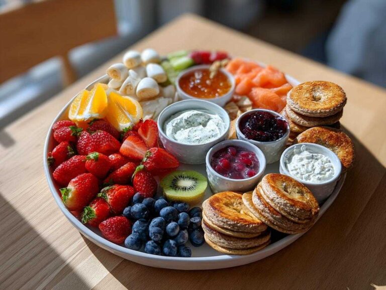 A colorful Breakfast Grazing Board for Moms featuring fresh strawberries, blueberries, oranges, smoked salmon, cream cheese dips, and mini bagels.