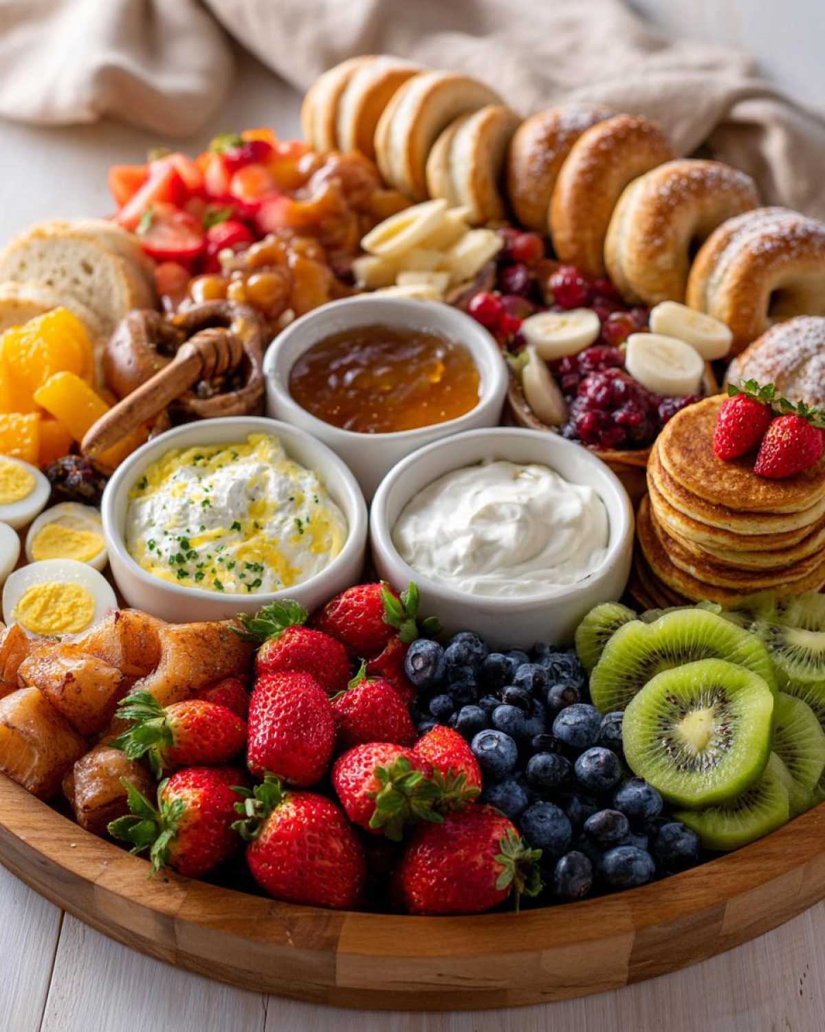 A beautiful, overflowing Breakfast Grazing Board for Moms featuring bagels, fruit, pancakes, smoked salmon, and dips.