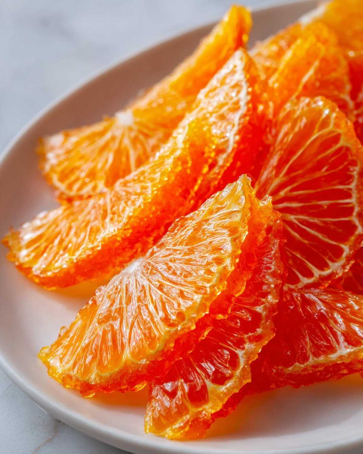 Close-up of glistening, bright orange segments ready to eat, showcasing the texture of candied orange slices.