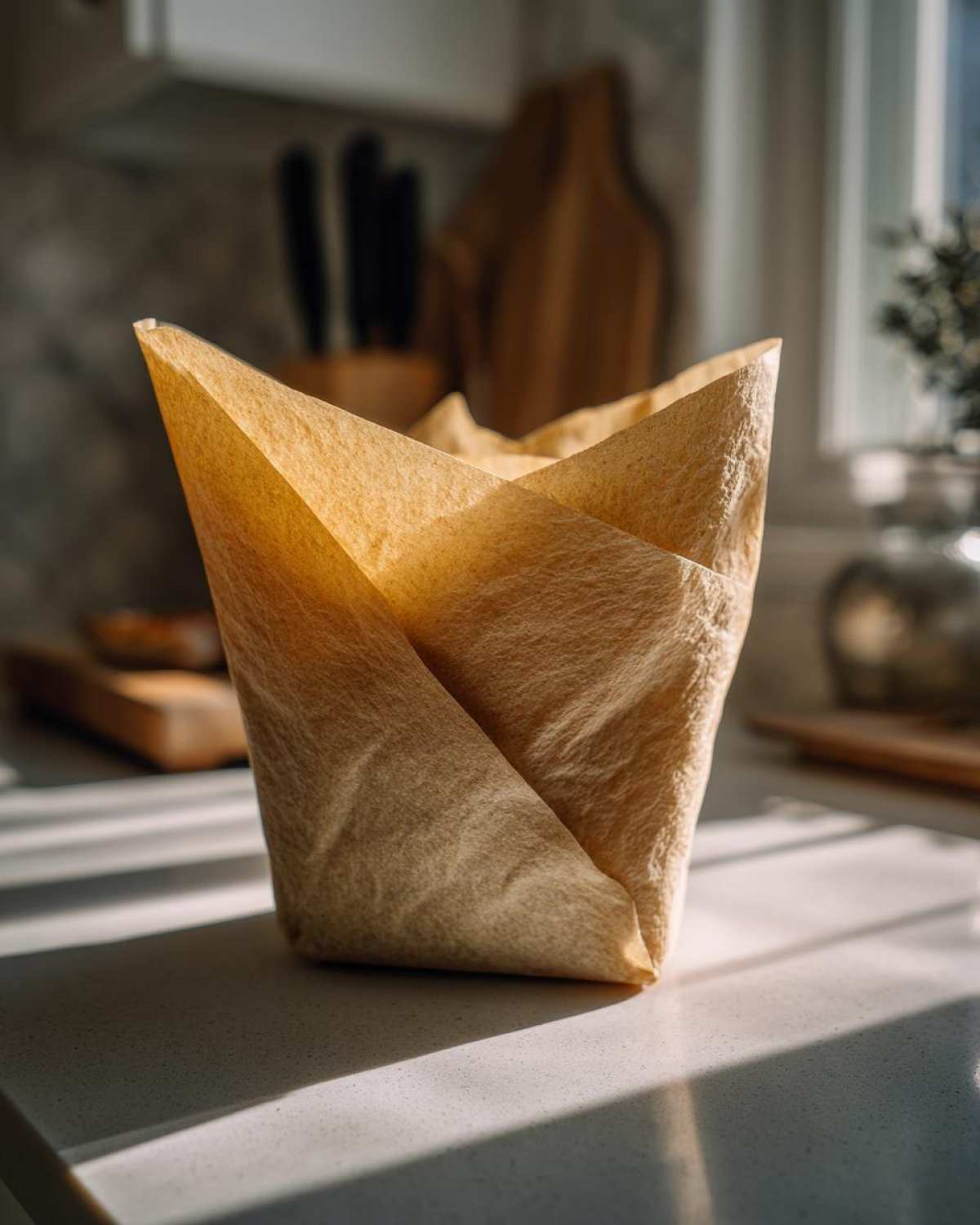 A single, brown, folded paper wrap, suitable for Eco Friendly Picnic Sandwich Wraps, sitting on a sunlit kitchen counter.