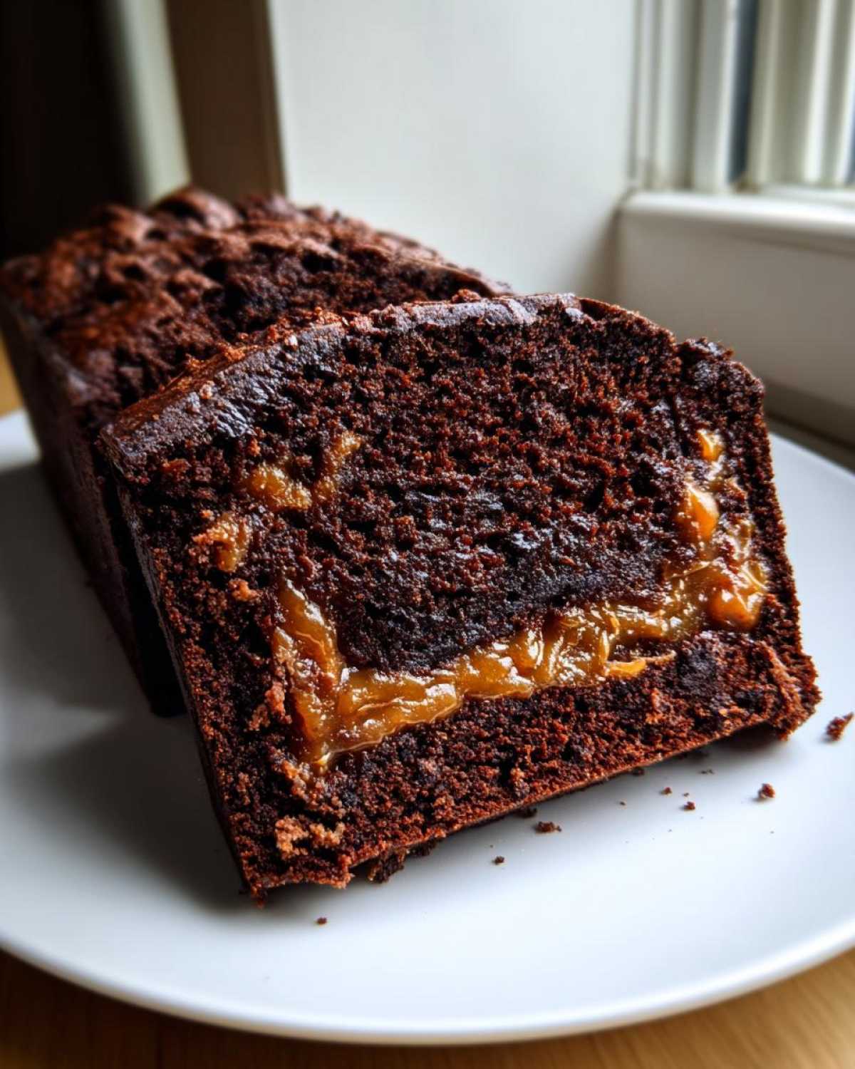 A thick slice of rich, dark chocolate Brownie Bread featuring a gooey caramel swirl filling.