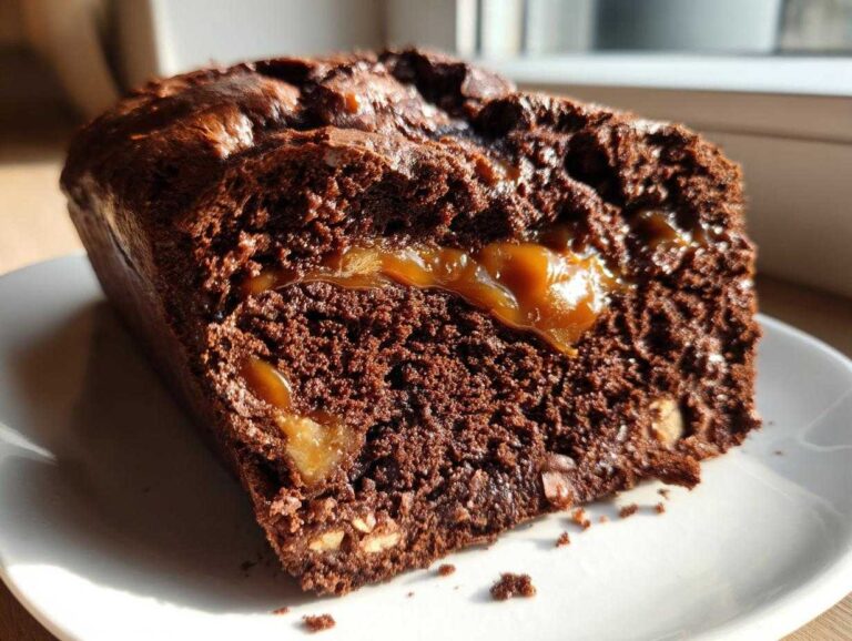 Close-up of a rich, dark chocolate Brownie Bread slice showing a gooey caramel swirl and nuts.