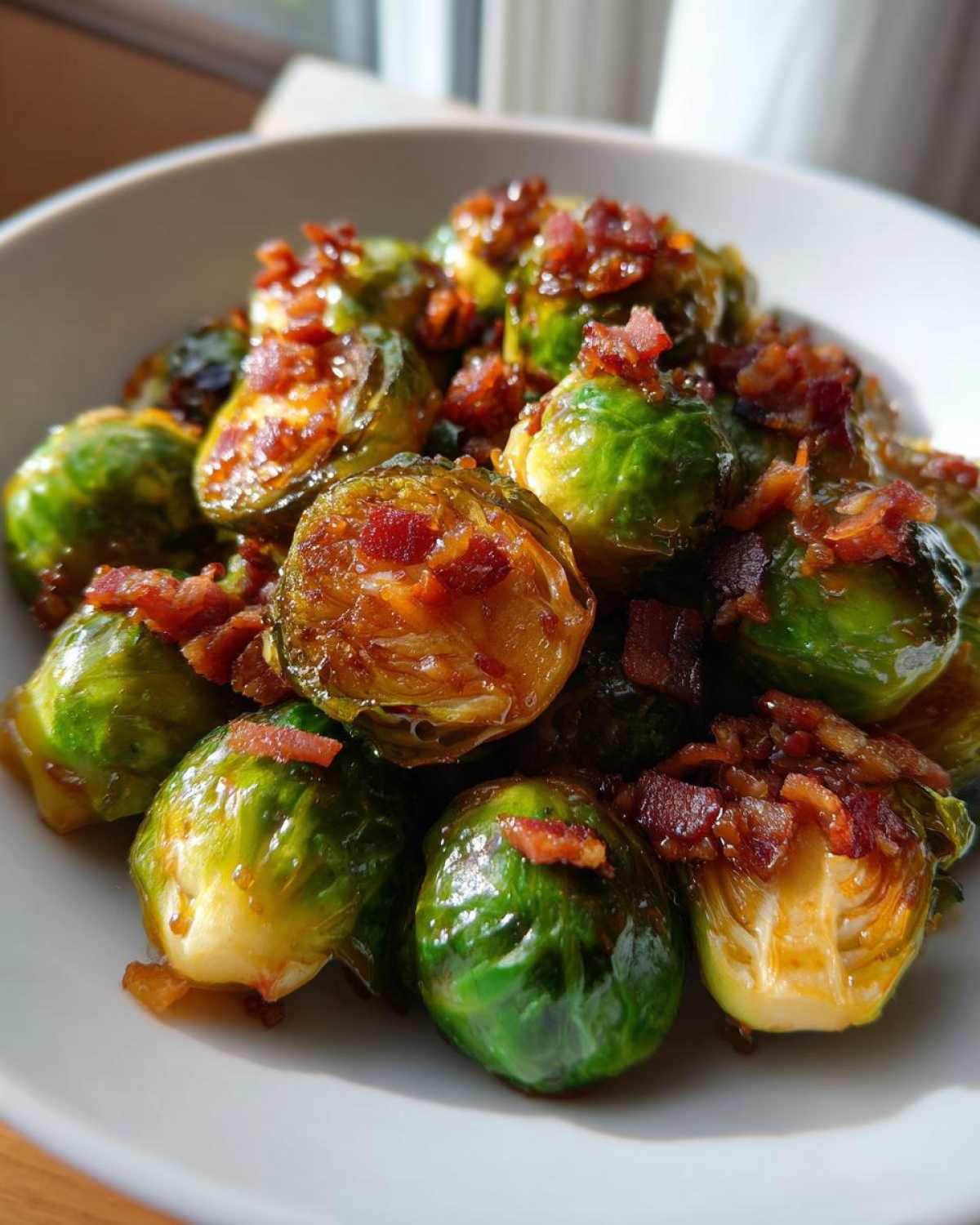 Close-up of vibrant green Brussels sprouts coated in a shiny maple bacon glaze and topped with crispy bacon bits.