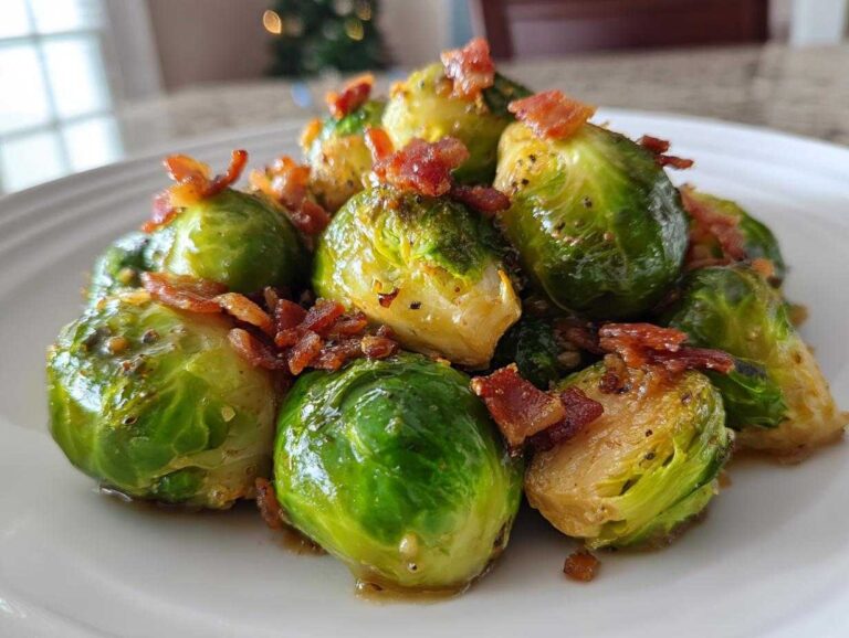Close-up of vibrant green Brussels sprouts coated in a shiny glaze and topped with crispy bacon bits, ready to eat.