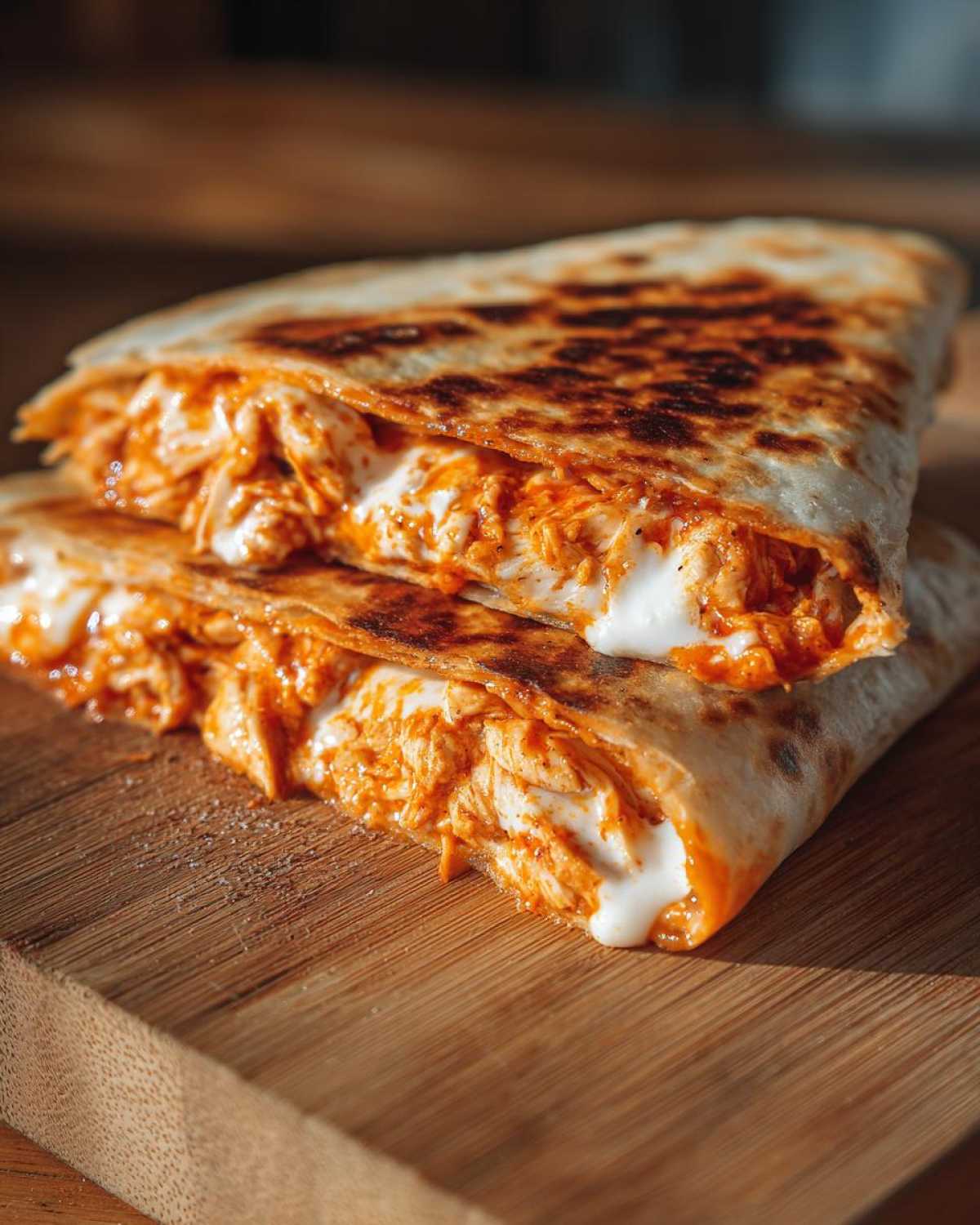 Close-up of two halves of a golden-brown buffalo chicken quesadilla stacked, showing gooey melted cheese and shredded orange chicken filling.