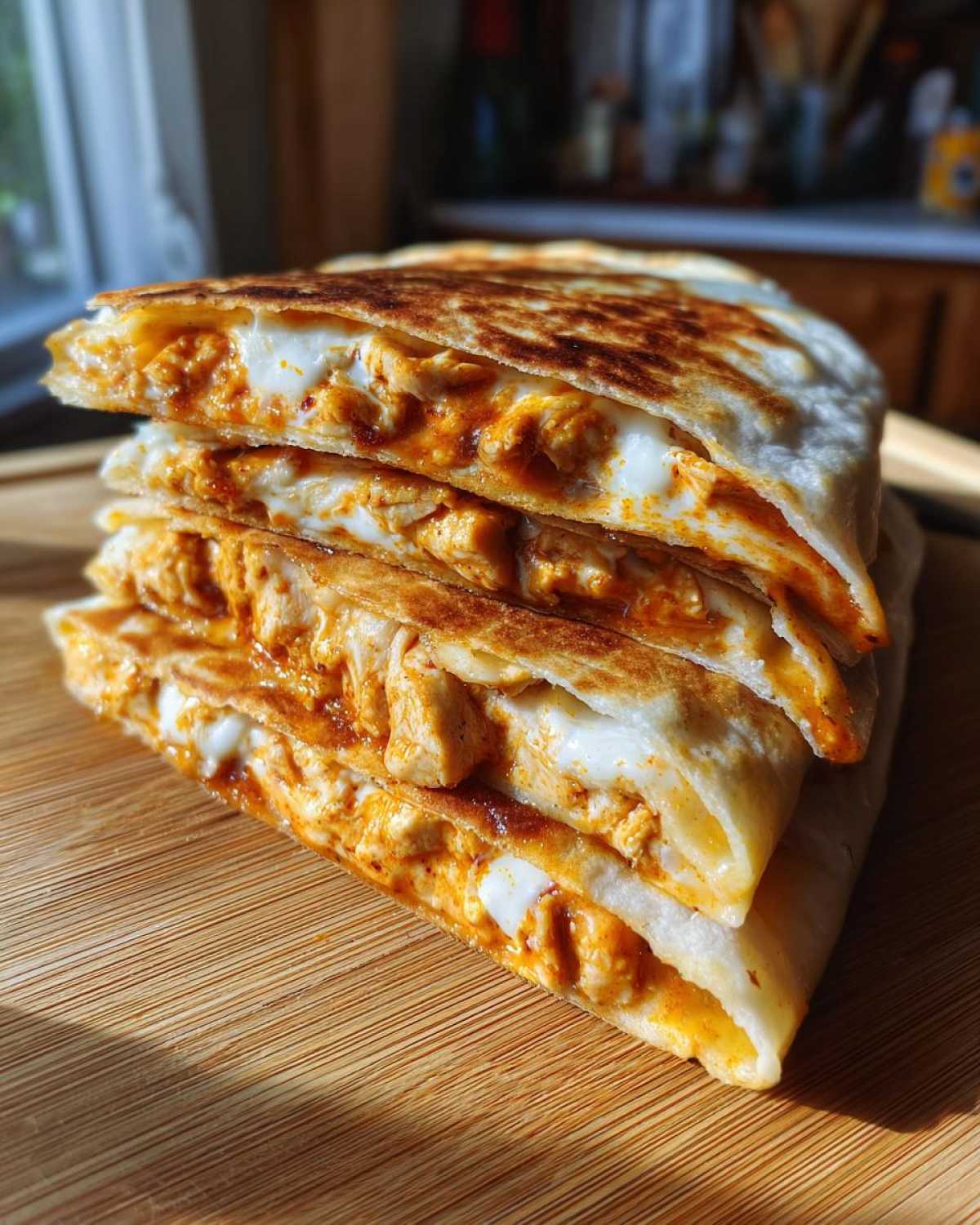 A stack of four golden-brown wedges of buffalo chicken quesadilla overflowing with melted white cheese and spicy orange sauce.