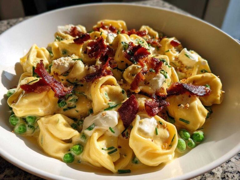 Close-up of a bowl of Burrata Pea and Prosciutto Tortellini topped with crispy prosciutto and fresh chives.