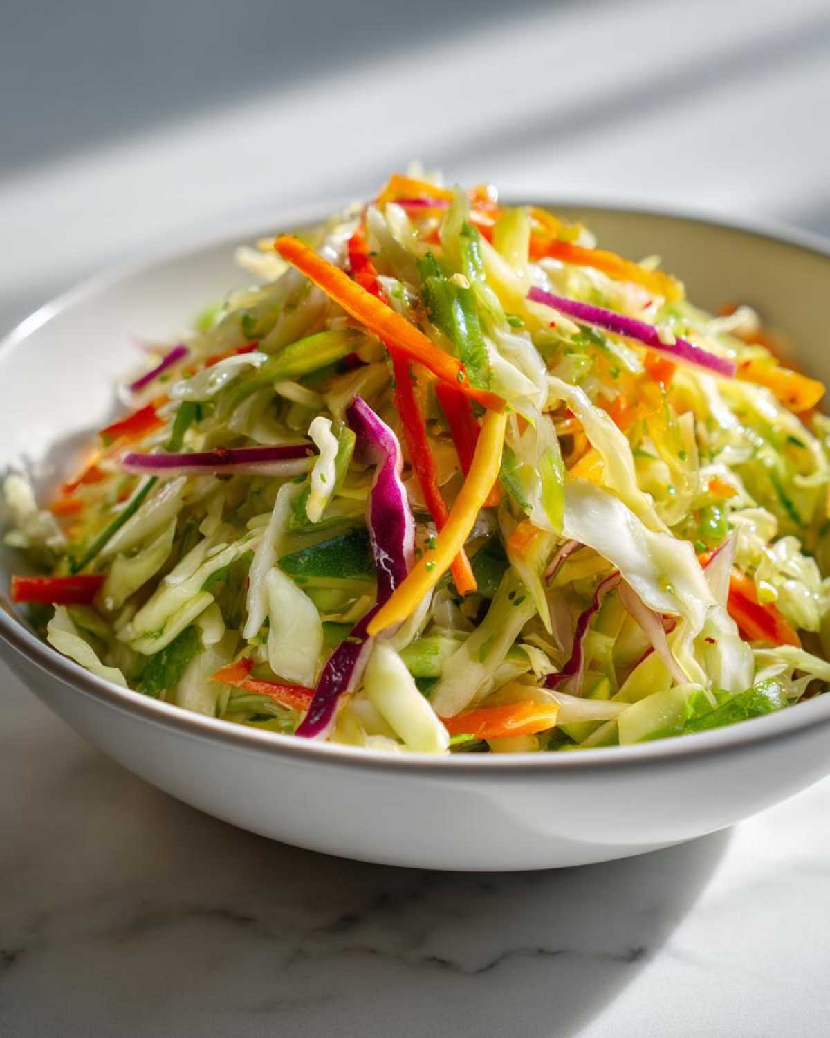 A close-up of a vibrant Cabbage and Apple Crispy Slaw featuring shredded cabbage, carrots, and red onion in a white bowl.