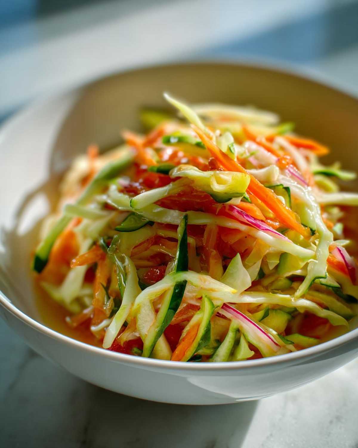 Close-up of vibrant Cabbage and Apple Crispy Slaw featuring shredded cabbage, carrots, cucumber, and red onion in a light dressing.