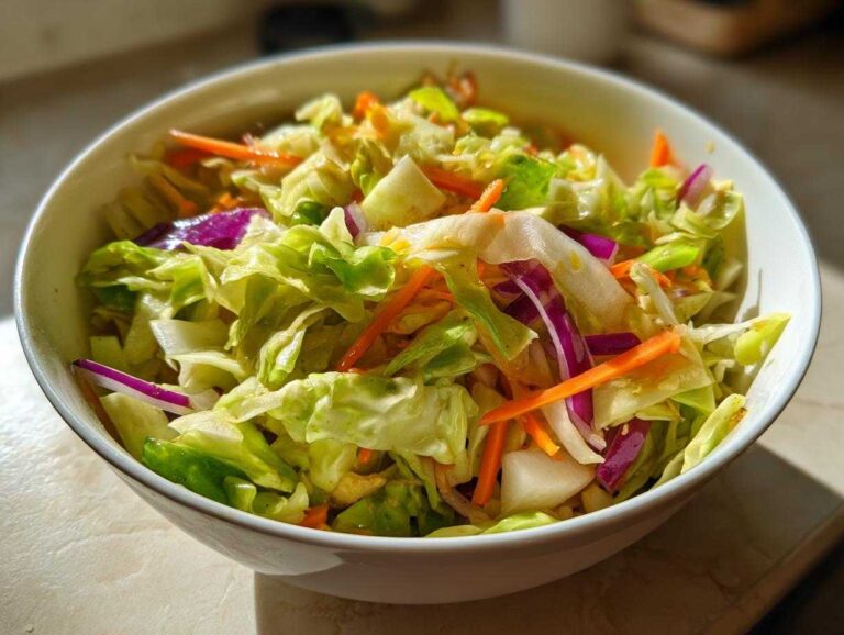 A vibrant bowl of Cabbage and Apple Crispy Slaw featuring shredded green cabbage, carrots, and red cabbage.