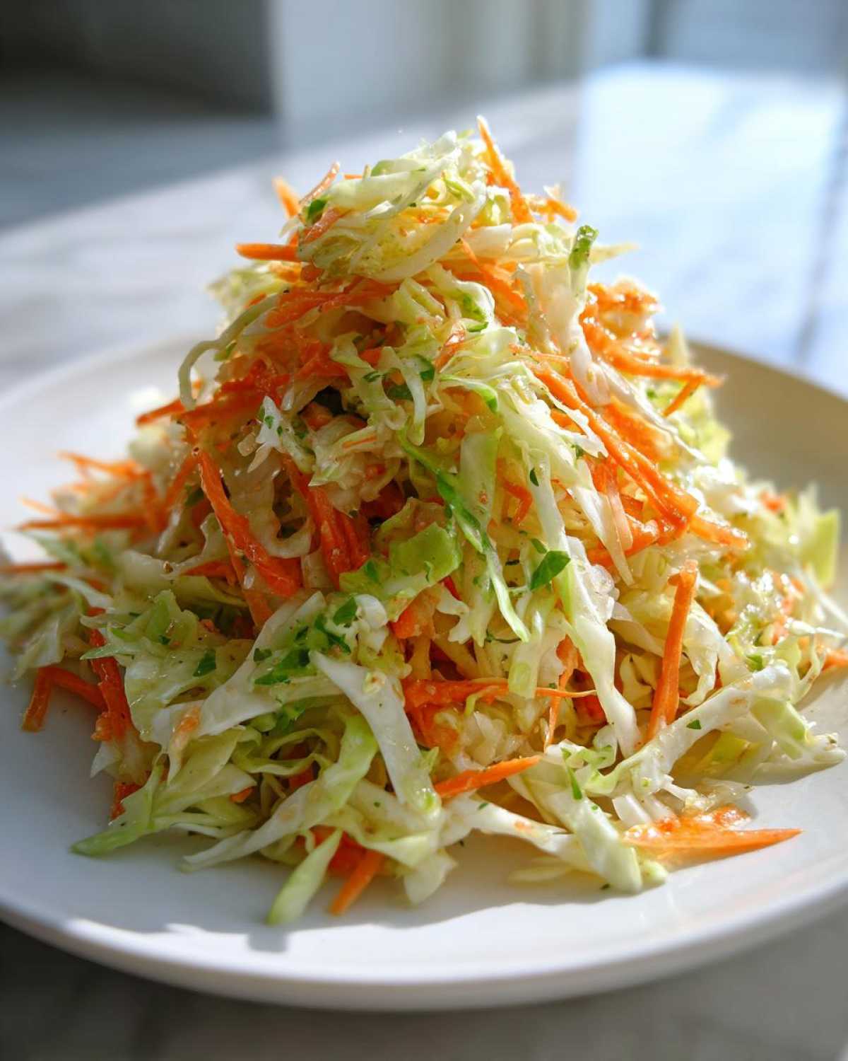 A mound of fresh Cabbage and Carrot Slaw No Mayo, featuring shredded cabbage and bright orange carrots, served on a white plate.