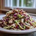A mound of fresh Cabbage and Chicken Salad Crunch featuring shredded green and red cabbage, chicken pieces, and topped with toasted almonds.