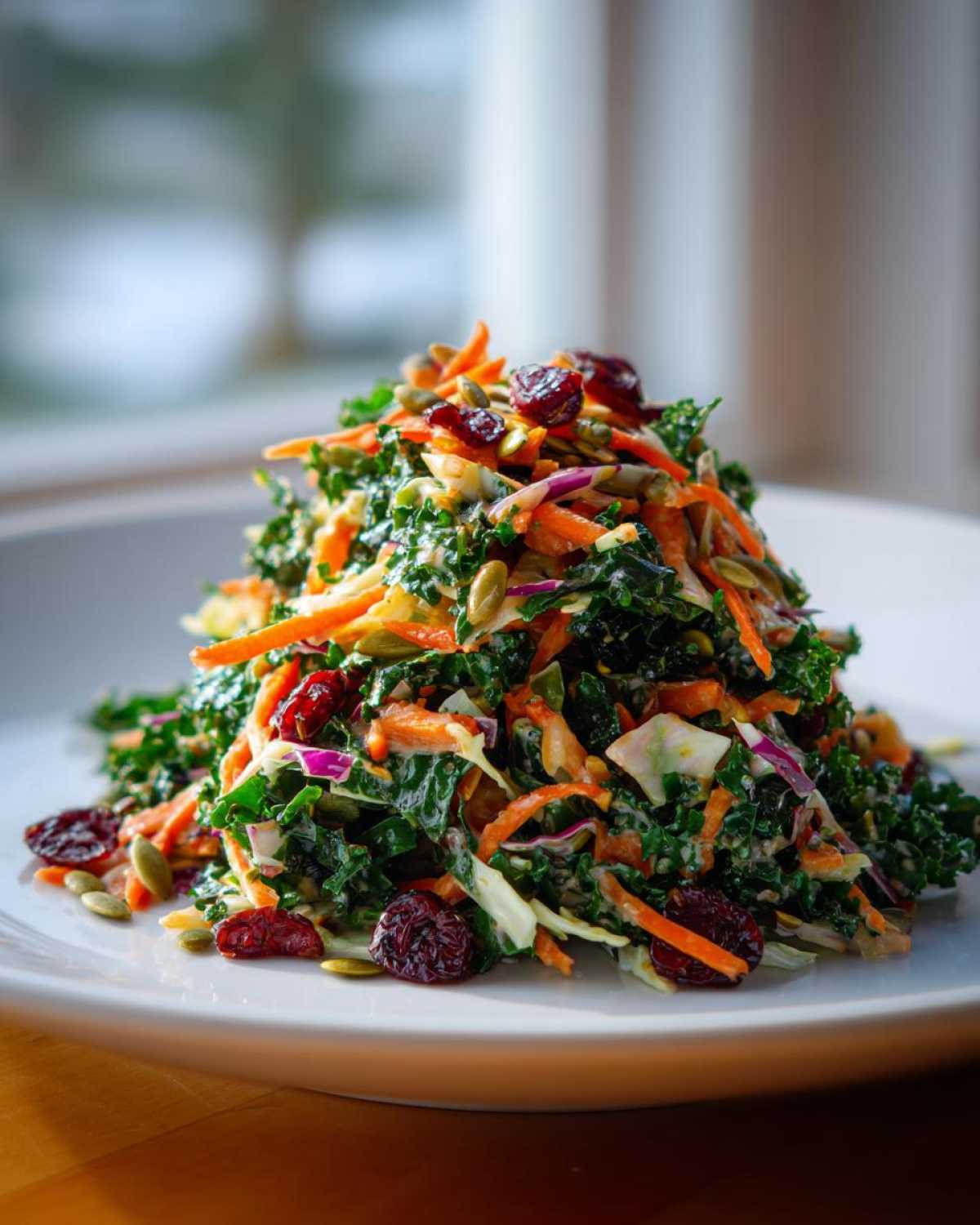 A mound of fresh Cabbage and Kale Power Salad topped with shredded carrots, dried cranberries, and pumpkin seeds.