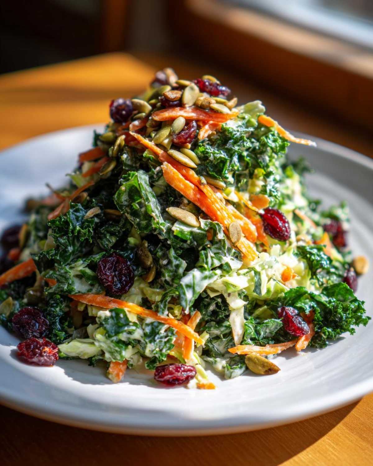 A vibrant Cabbage and Kale Power Salad piled high on a white plate, topped with shredded carrots, pumpkin seeds, and dried cranberries.