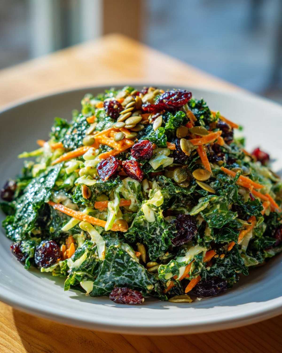 A close-up of a vibrant Cabbage and Kale Power Salad tossed in dressing, topped with pumpkin seeds and dried cranberries.