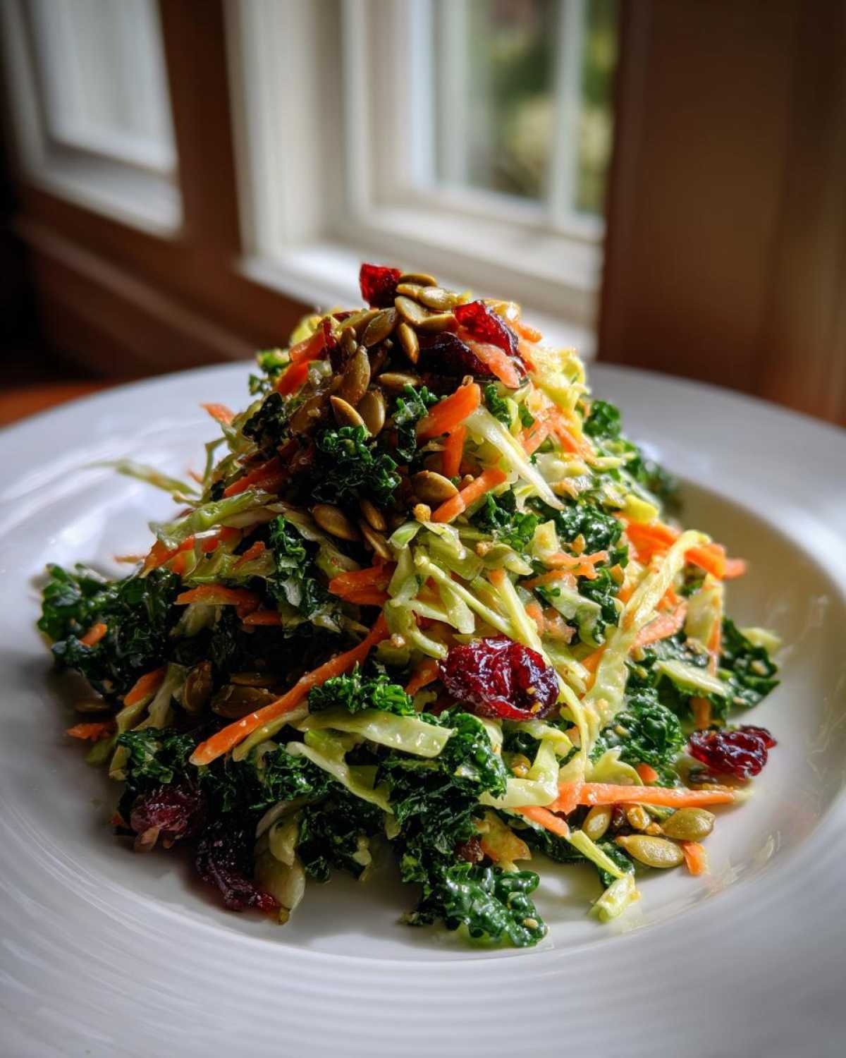 A vibrant mound of Cabbage and Kale Power Salad topped with pumpkin seeds and dried cranberries on a white plate.