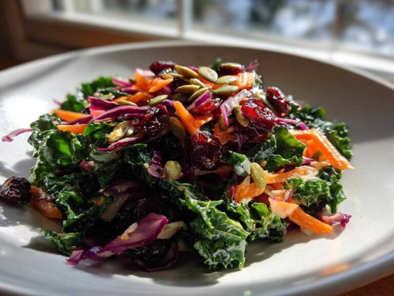 Close-up of a vibrant Cabbage and Kale Power Salad featuring kale, purple cabbage, carrots, pumpkin seeds, and dried cranberries.