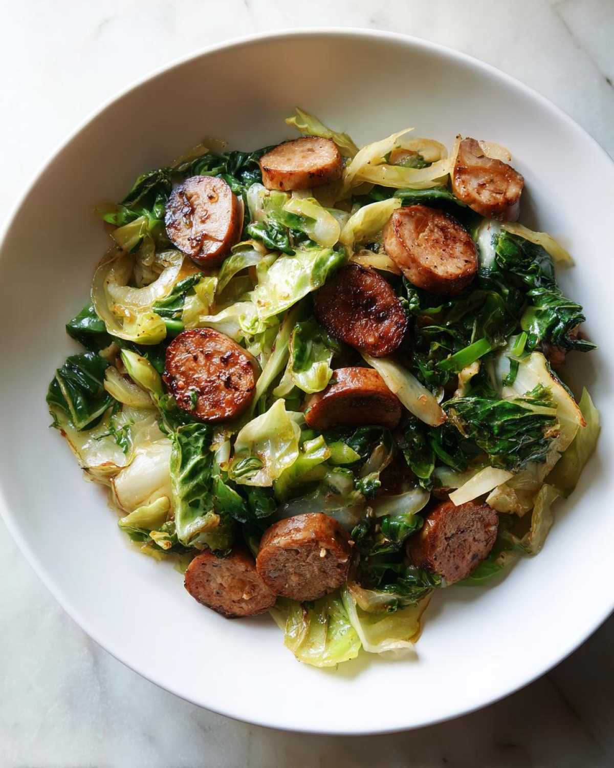 Overhead view of a white bowl filled with Cabbage and Sausage Skillet, featuring browned sausage slices and sautéed green cabbage.