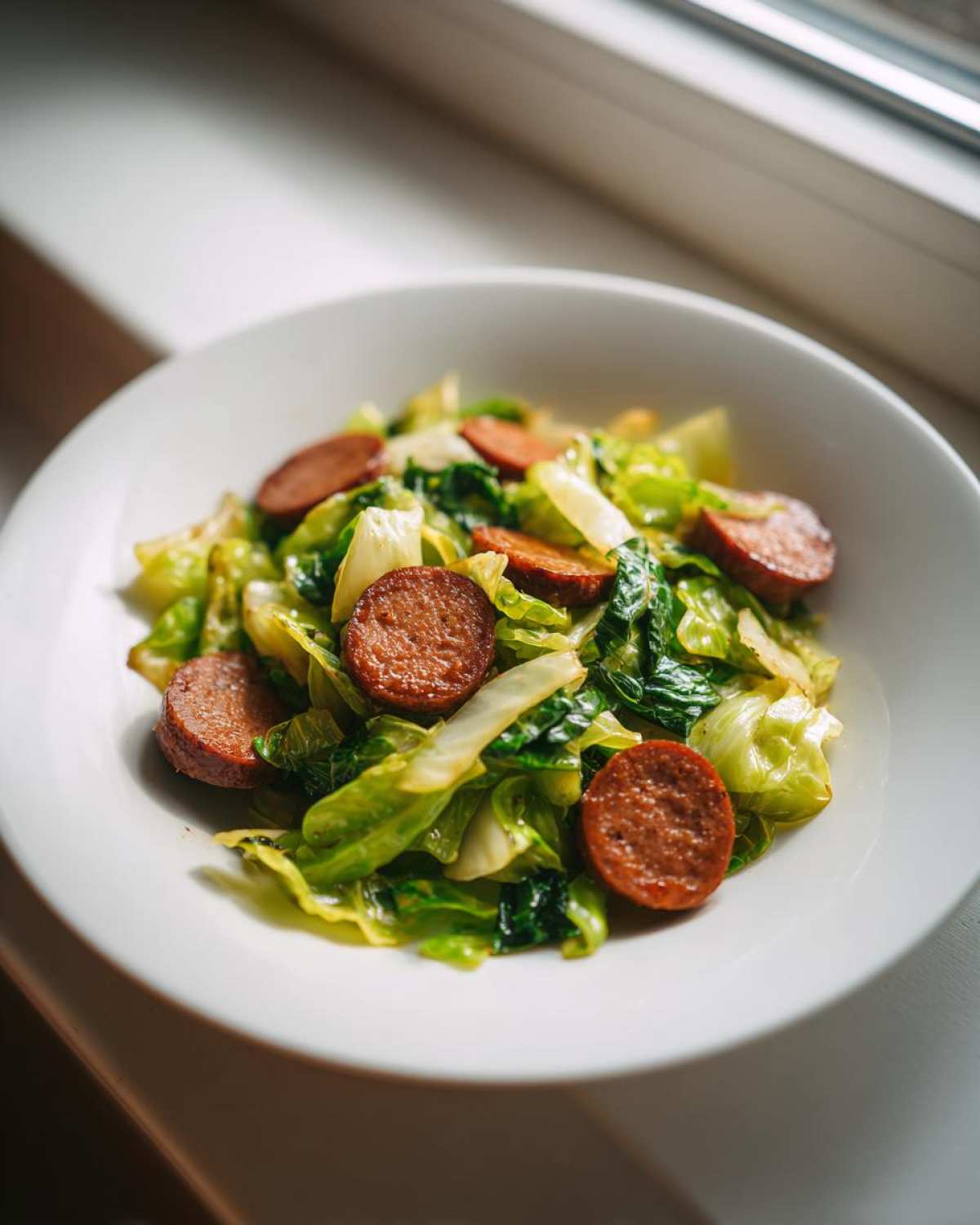 Close-up of a white bowl filled with a quick Cabbage and Sausage Skillet 15 Minutes recipe.