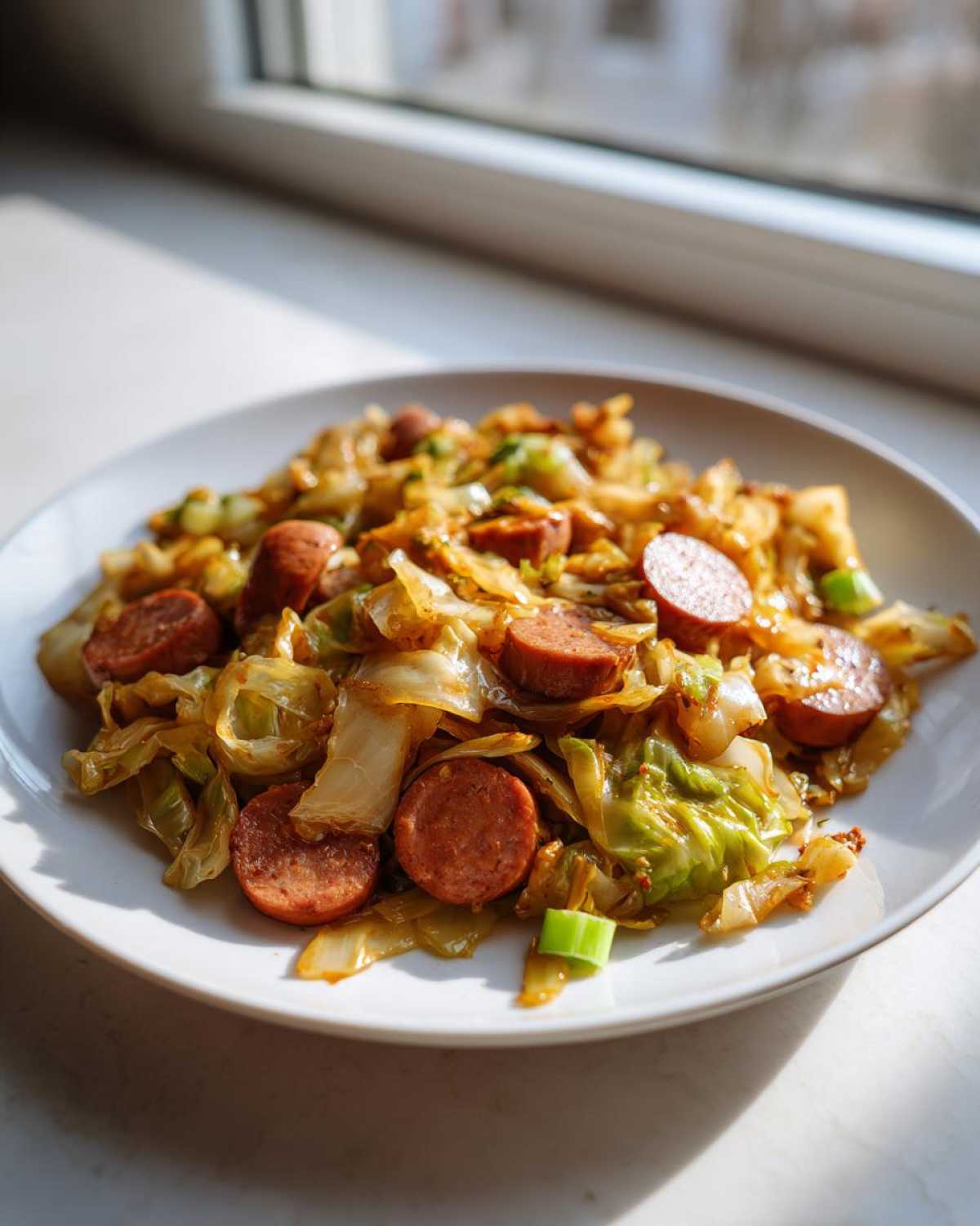 A close-up of a white plate featuring the Cabbage and Sausage Skillet 15 Minutes, showing browned sausage slices mixed with sautéed cabbage.