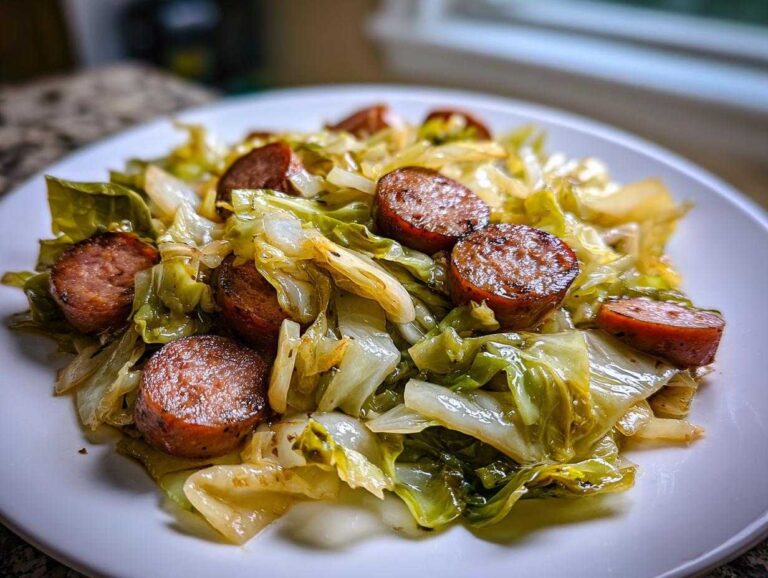 A close-up of a white plate filled with a serving of Cabbage and Sausage Skillet 15 Minutes, featuring sautéed cabbage and browned sausage slices.