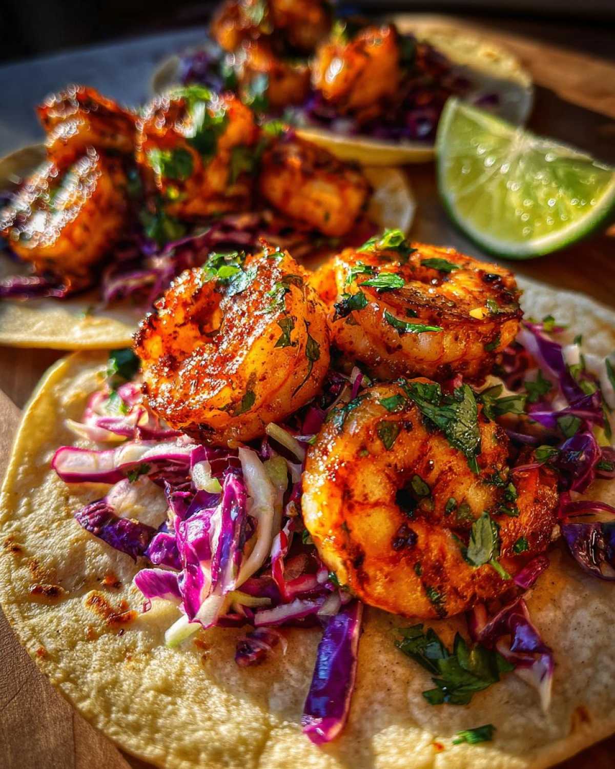 Close-up of a delicious Cabbage and Shrimp Tacos featuring grilled, seasoned shrimp over purple cabbage slaw on a warm tortilla.