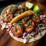 Two delicious Cabbage and Shrimp Tacos filled with seasoned shrimp and colorful slaw, served with lime wedges.
