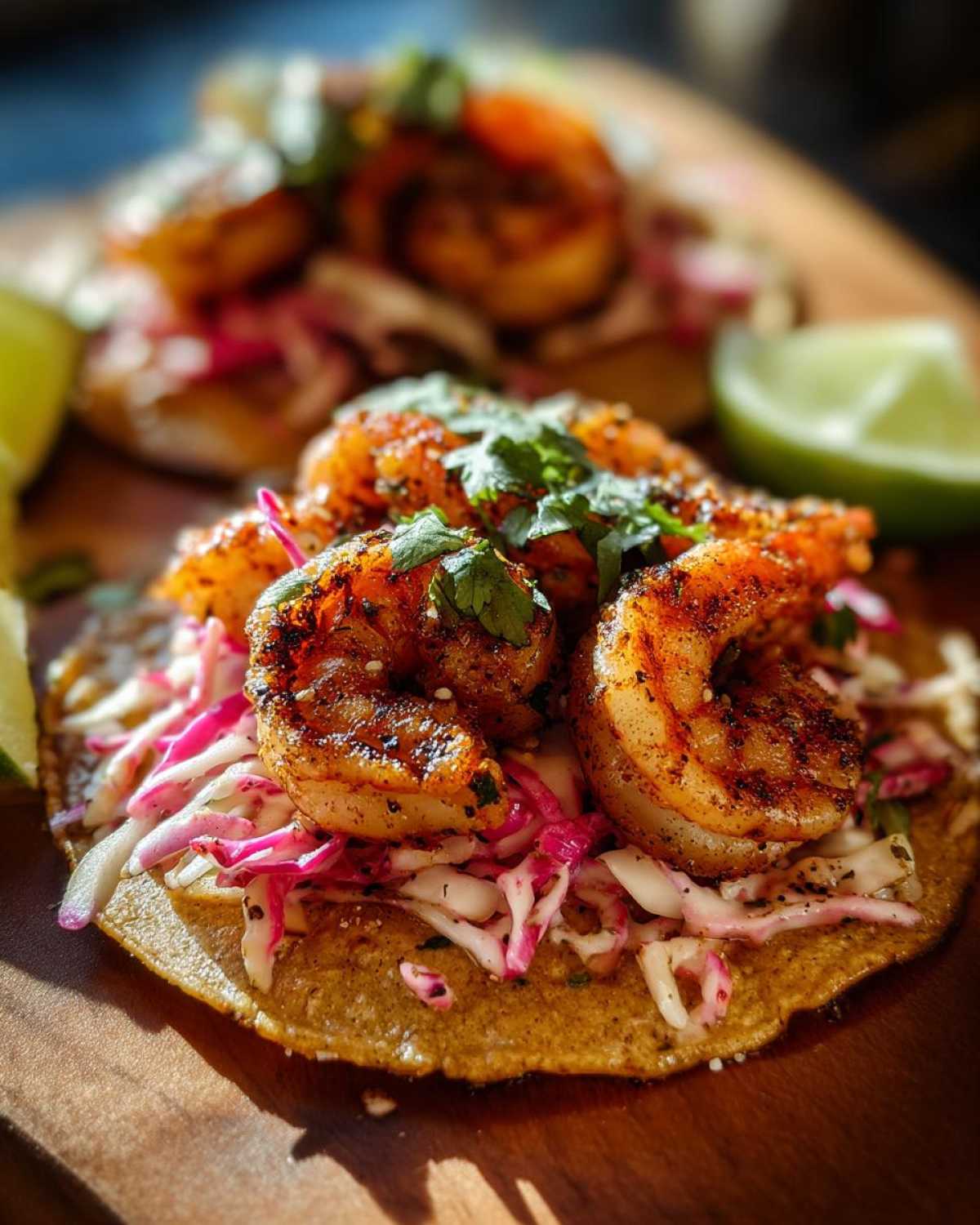 A close-up of a Cabbage and Shrimp Taco topped with blackened shrimp, purple and white slaw, and cilantro.