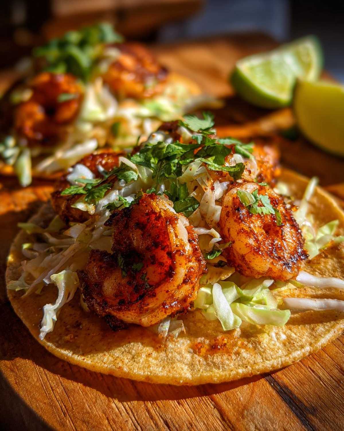 Close-up of a perfectly seasoned Cabbage and Shrimp Tacos on a corn tortilla, topped with slaw and cilantro.
