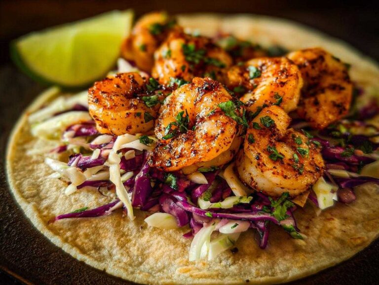 Close-up of a delicious Cabbage and Shrimp Tacos featuring seasoned shrimp over a slaw on a soft tortilla, with a lime wedge nearby.