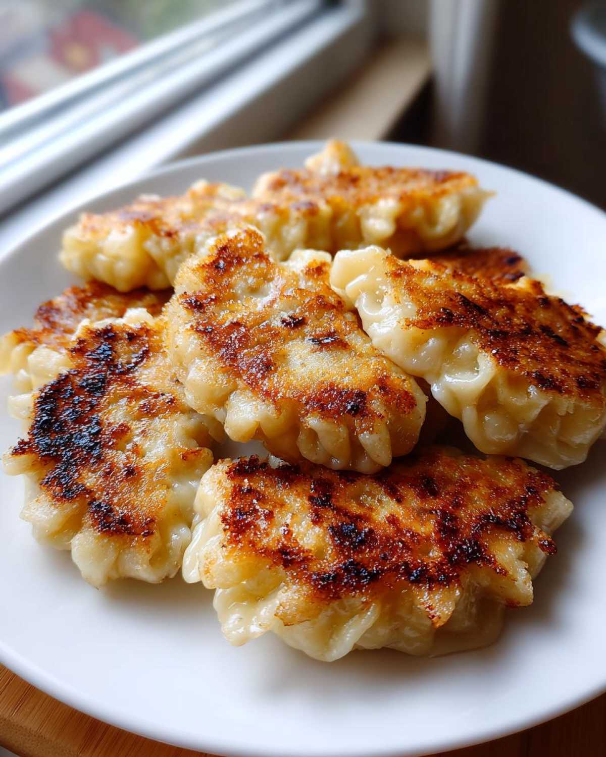 Close-up of several golden brown, pan-fried cabbage dumplings stacked on a white plate near a window.