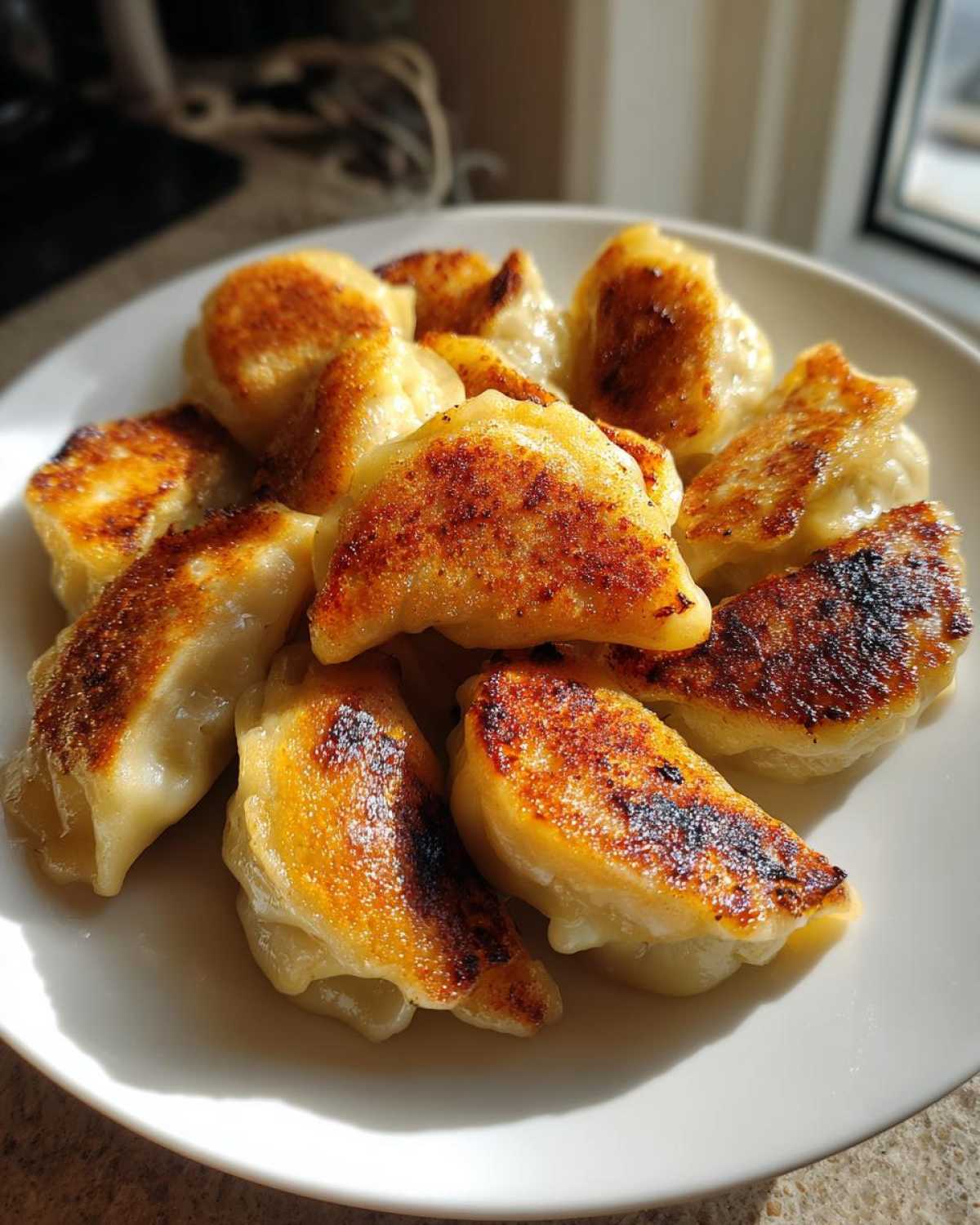 A plate piled high with golden-brown, crispy Cabbage Dumplings Pan Fried, showing excellent searing.