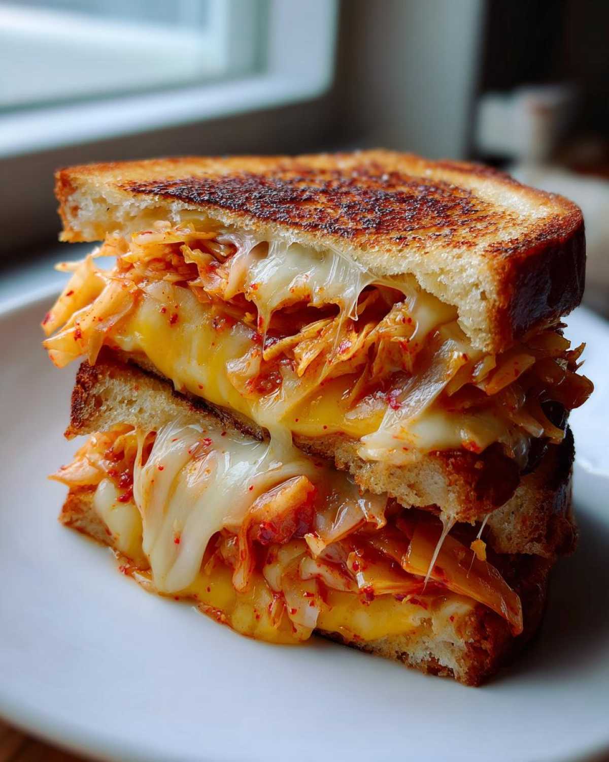 Close-up of a Cabbage Kimchi Grilled Cheese sandwich cut in half, showing melted cheese stretching between the toasted bread and spicy cabbage kimchi filling.