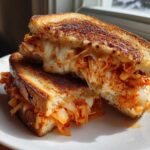 A perfectly grilled Cabbage Kimchi Grilled Cheese sandwich cut in half, showing melted cheese stretching over the spicy kimchi filling.