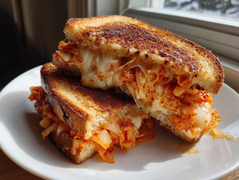 A perfectly grilled Cabbage Kimchi Grilled Cheese sandwich cut in half, showing melted cheese stretching over the spicy kimchi filling.