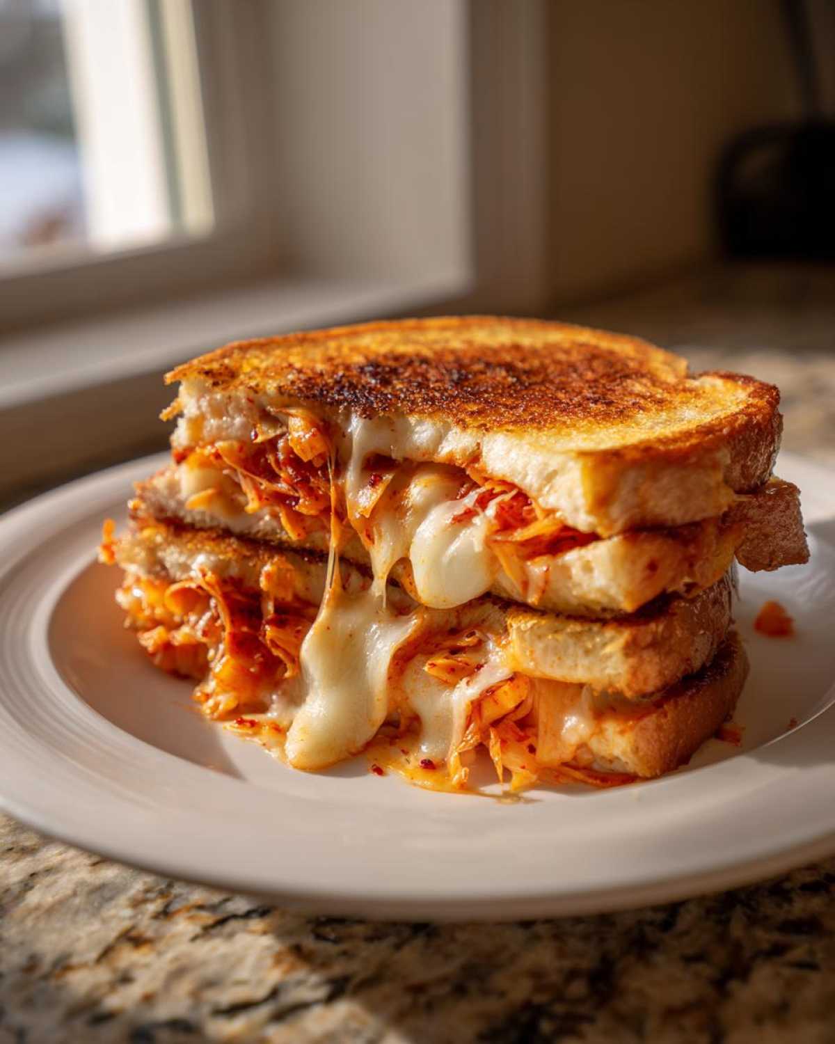 A tall stack of Cabbage Kimchi Grilled Cheese sandwiches cut in half, showing melted cheese stretching between the golden-brown bread.