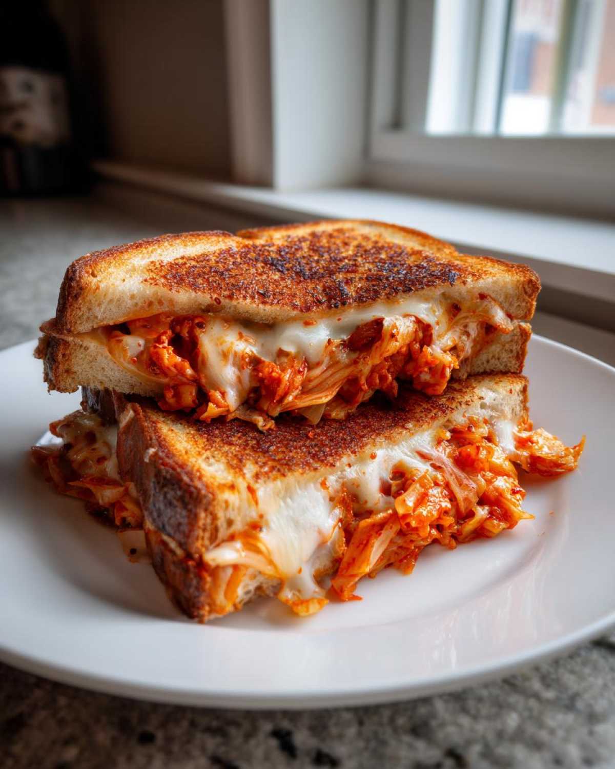 Two halves of a golden-brown Cabbage Kimchi Grilled Cheese stacked on a white plate, showing melted cheese and bright red kimchi filling.