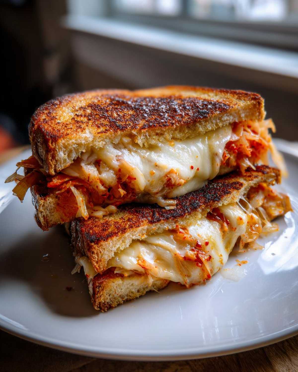 Two halves of a golden brown Cabbage Kimchi Grilled Cheese stacked, showing melted white cheese and red kimchi filling.