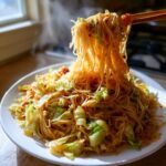A serving of hot Cabbage Noodle Stir Fry being lifted high from a white plate with chopsticks, showing steam rising.