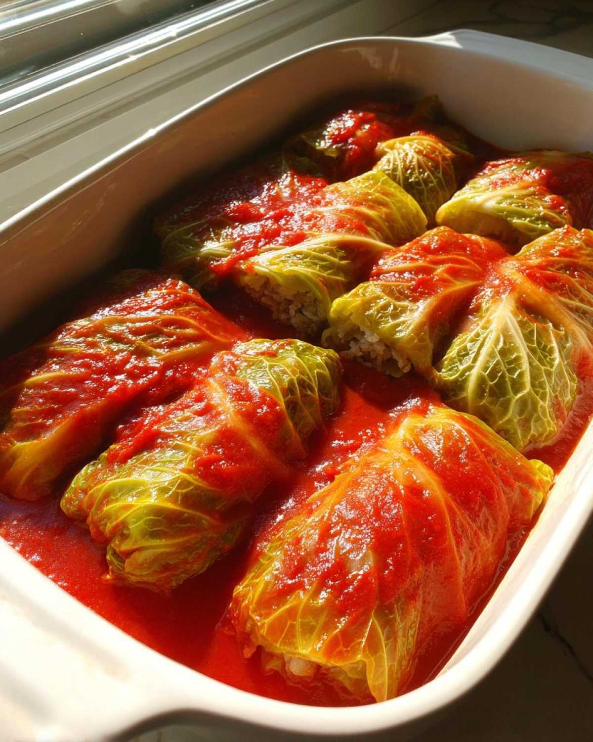 Several Cabbage Rolls with Ground Turkey stuffed with rice, nestled in a white baking dish covered in bright red tomato sauce.
